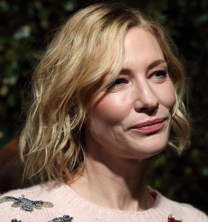 Cate Blanchett wearing a floral Alexander McQueen Resort 2018 gown at the 2017 London Evening Standard Theatre Awards held at the Theatre Royal in London, England, on December 3, 2017