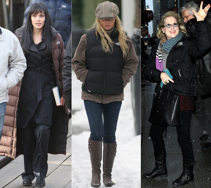 Angelina Jolie, Geri Halliwell, and Meryl Streep wearing The North Face jackets