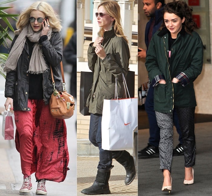 Fearne Cotton, Calista Flockhart, and Maisie Williams wearing Barbour jackets