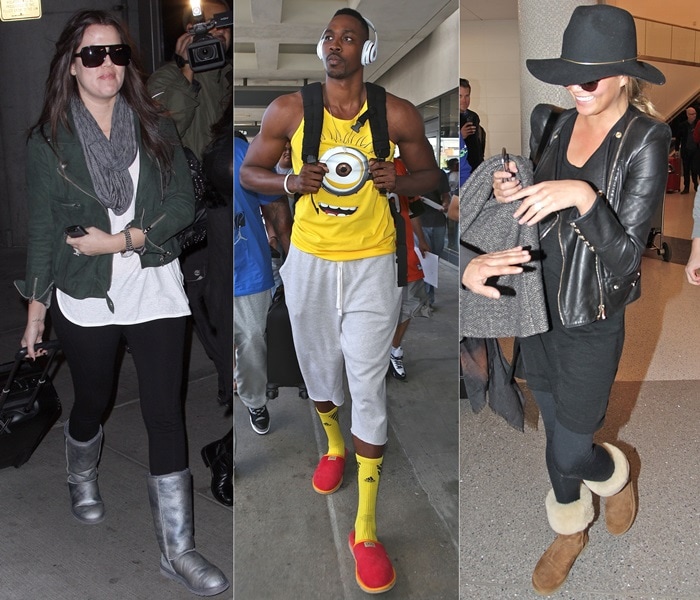 Celebrities wearing UGGs at the airport: Khloe Kardashian arrives at JFK airport on December 9, 2009 / Dwight Howard, wearing a Ugg red slippers and a minion top, at Los Angeles International Airport (LAX) on September 8, 2014 / Chrissy Teigen arrives at LAX airport in Los Angeles on January 23, 2015