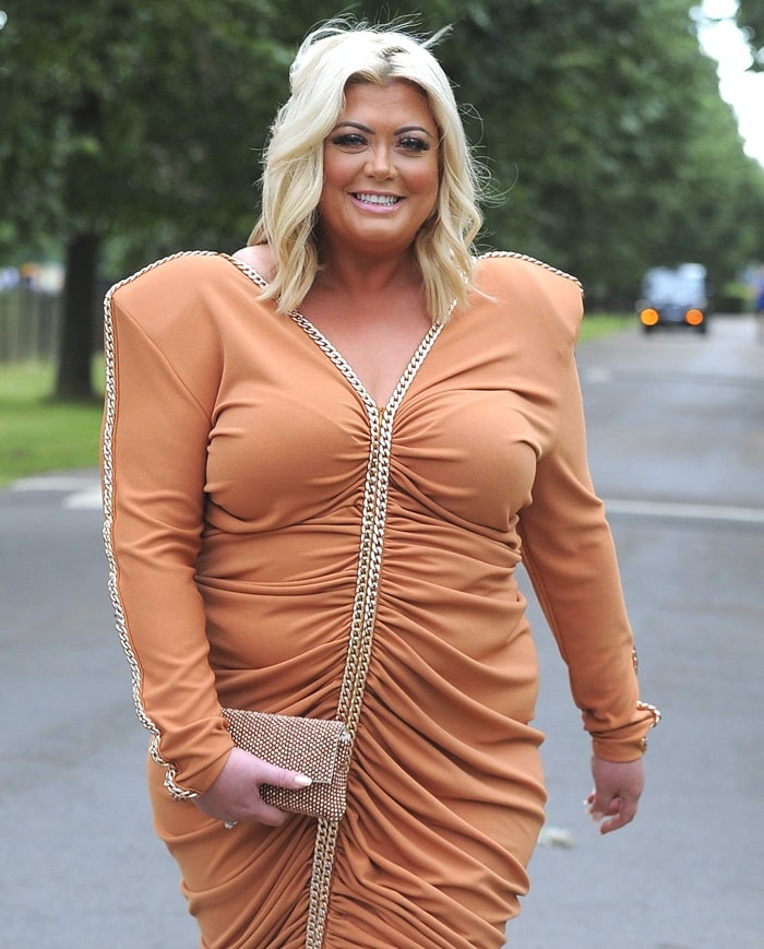 Gemma Collins looking like a quarterback for an American football team in a Gerda Truubon dress at ITV’s summer party in London on July 20, 2017