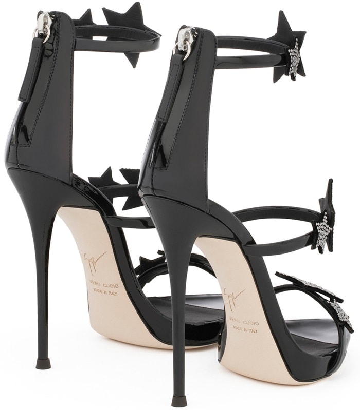 Giuseppe Zanotti 'Harmony Star' black patent sandal with three straps and stars