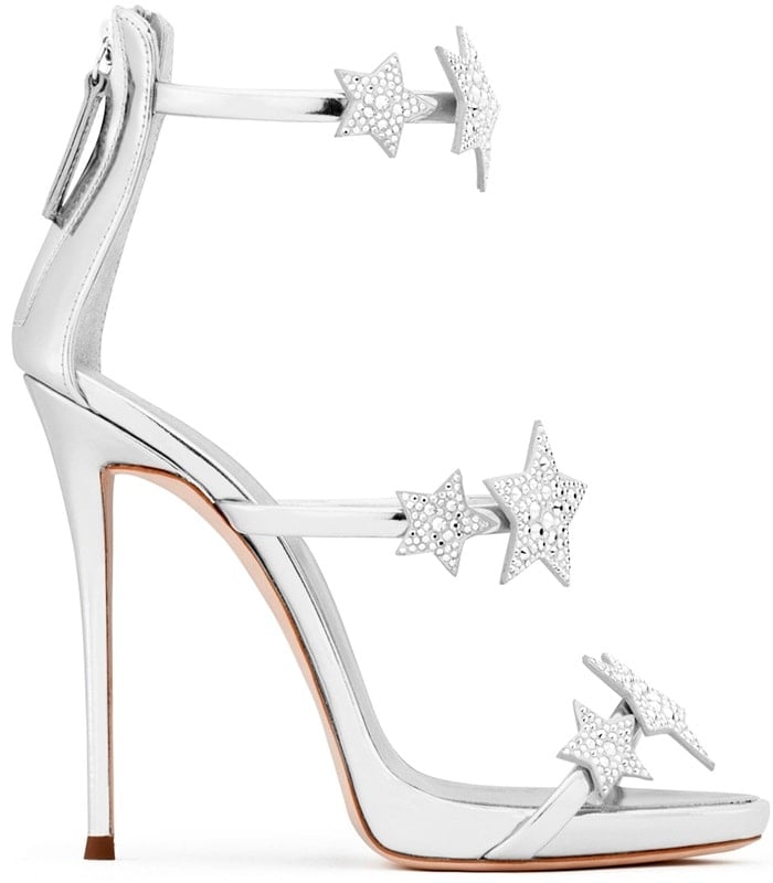 Giuseppe Zanotti 'Harmony Star' mirrored silver sandal with three straps and stars