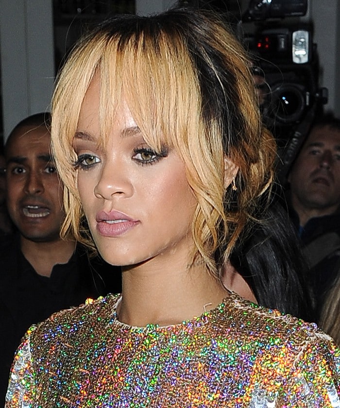 Rihanna wearing a a Stella McCartney iridescent sequin-covered crop top