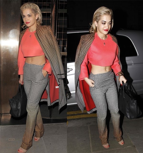 Rita Ora in a coral-tone cropped top leaves the Cafe Royal Hotel in London on February 18, 2013