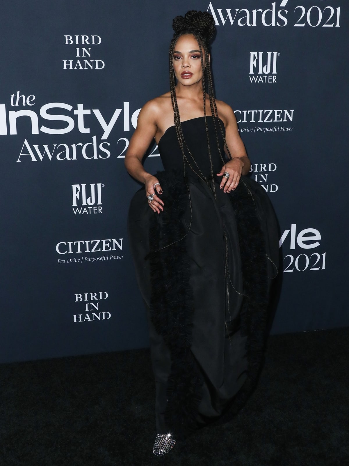 Tessa Thompson in a Christian Siriano dress and Grace Lee jewelry