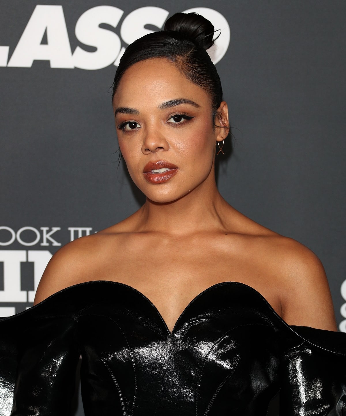 Tessa Thompson wears a sculptural black Daniel Del Cor strapless dress at the 4th annual Celebration of Black Cinema and Television presented by The Critics Choice Association