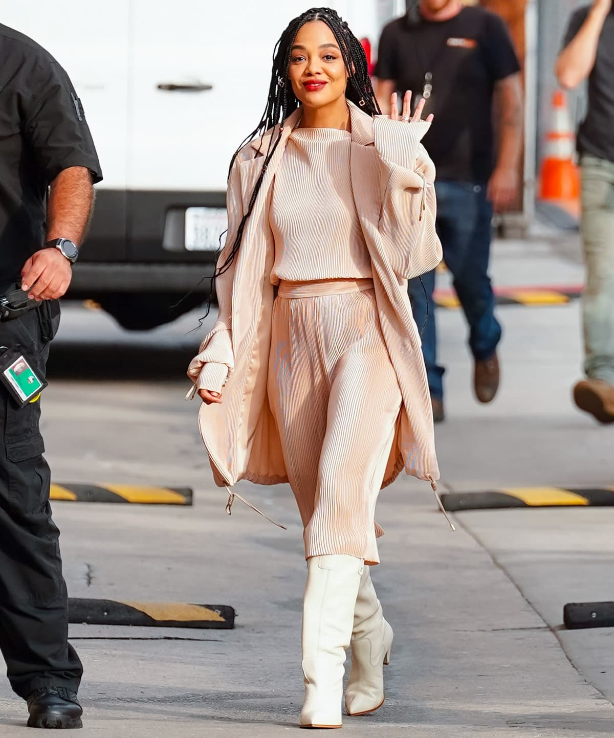 Tessa Thompson wears ivory Larroudé boots with Cong Tri culottes and a blazer while arriving for an appearance on "Jimmy Kimmel Live"