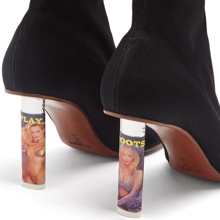Stacked heel designed to resemble cigarette lighters printed with imagery from vintage Playboy magazine covers