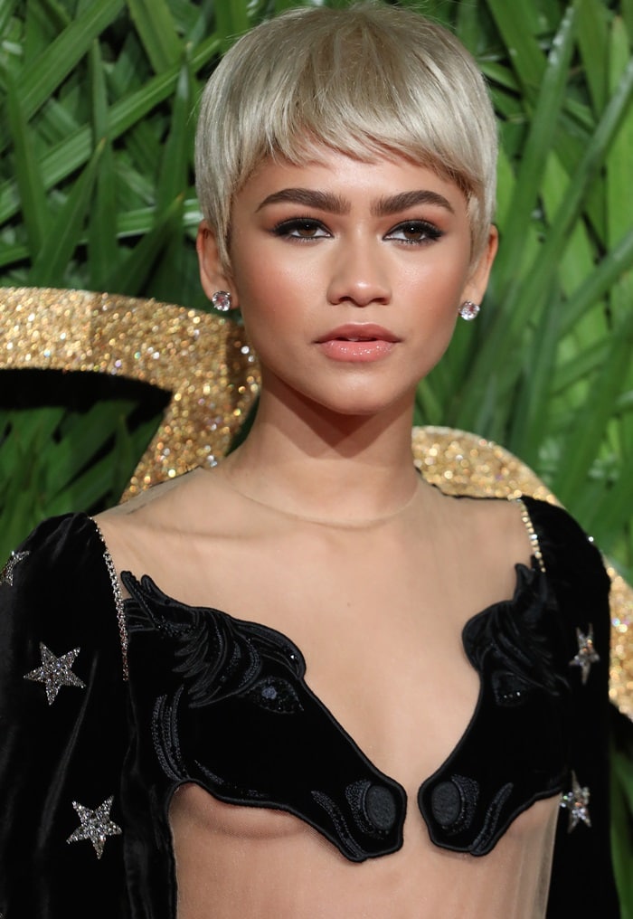 Zendaya covers her breasts with two horse heads in a bizarre sheer Vivetta Fall 2017 gown at the 2017 Fashion Awards held at Royal Albert Hall in London, England, on December 4, 2017