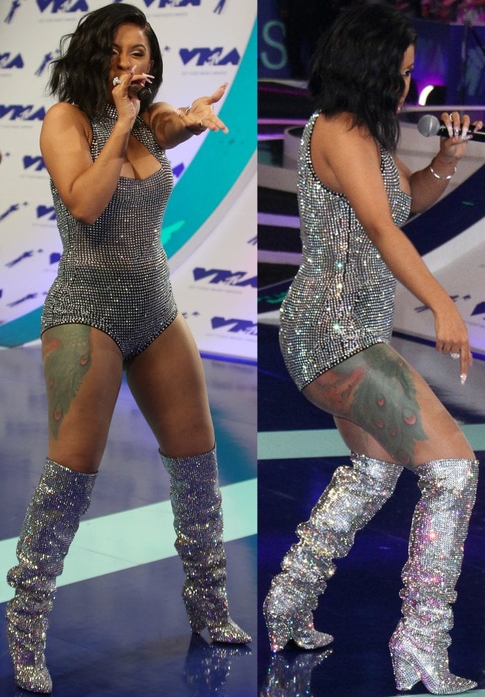 Cardi B wearing a custom outfit from Angel Brinks with Saint Laurent "Niki" crystal-embellished over-the-knee boots at the 2017 MTV Video Music Awards