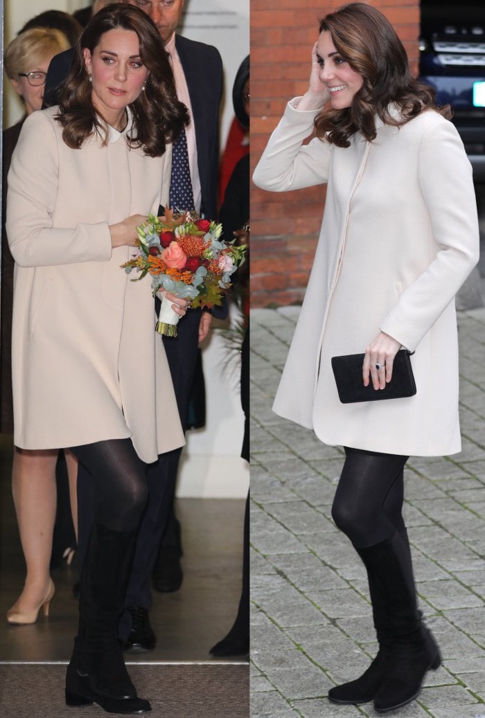 Kate Middleton in black tights totes a Mulberry "Bayswater" clutch