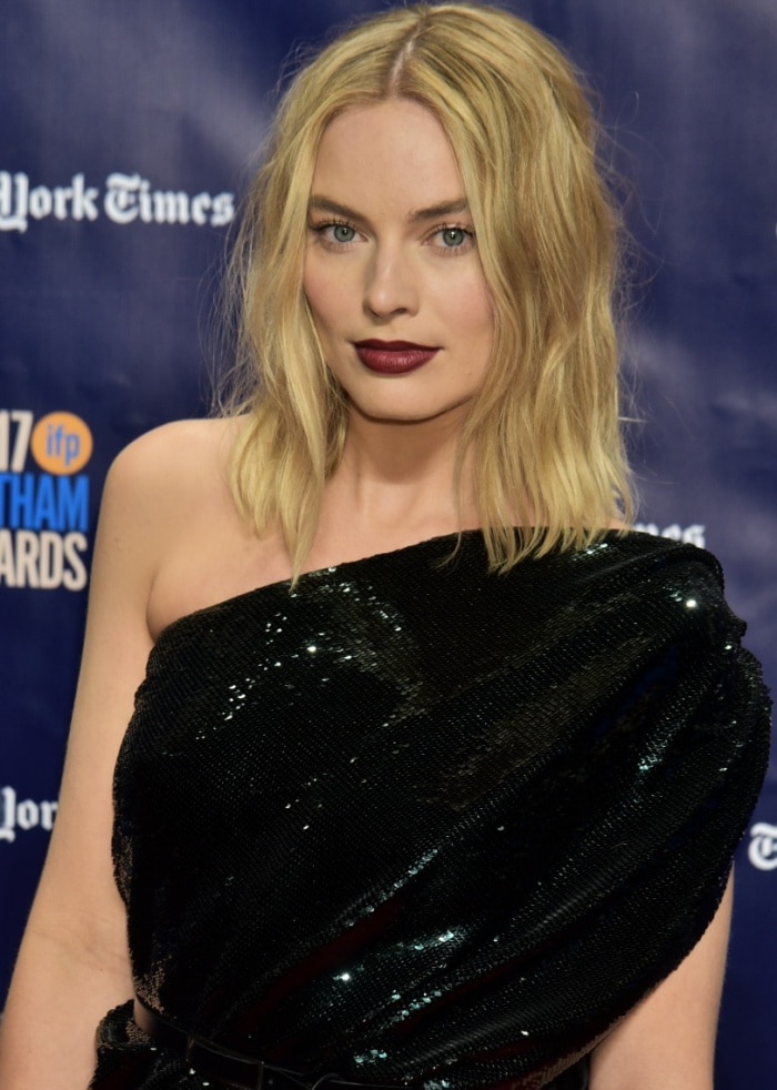 Margot Robbie wearing a Saint Laurent one-shoulder dress at the 2017 Gotham Independent Film Awards