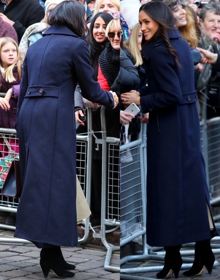 Meghan Markle wears a long Mackage Elodie coat made using luxury cashmere blend fabric