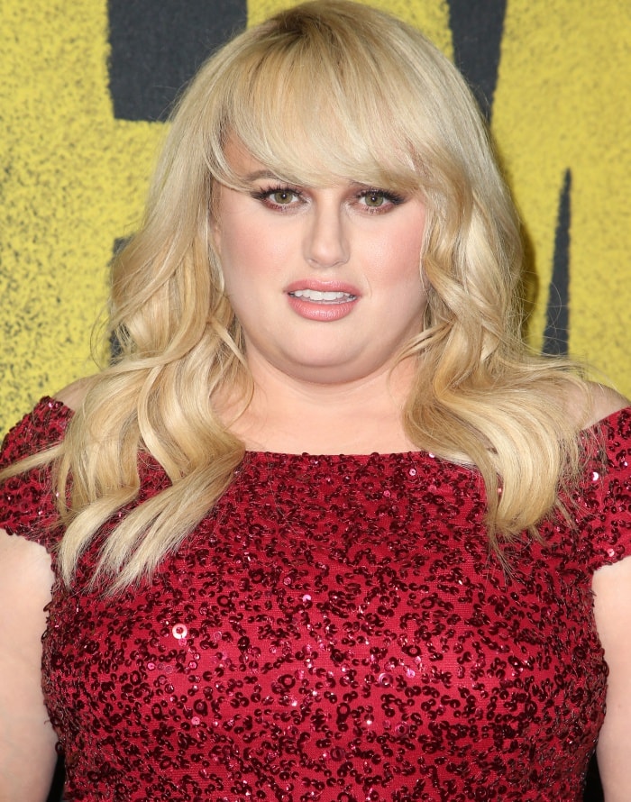 Rebel Wilson wearing a red sequined Adrianna Papell dress and Rupert Sanderson shoes at the "Pitch Perfect 3" premiere