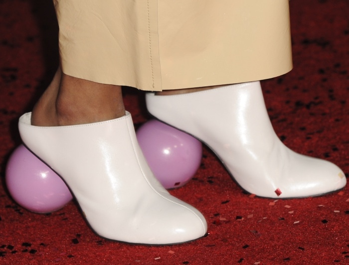 Tessa Thompson wears mules set on sculptural spherical heels