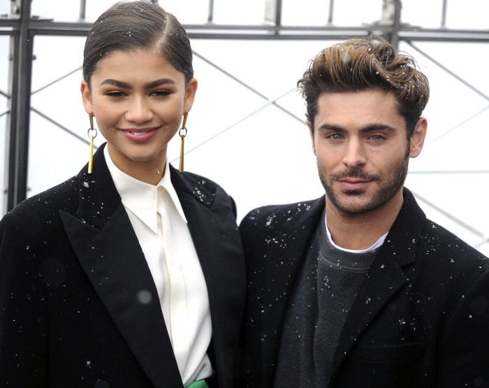 Zendaya with Zac Efron during a lighting ceremony atop the Empire State Building