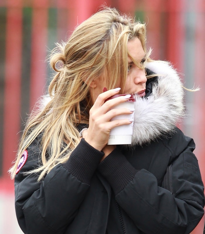 Abbey Clancy wearing a Canada Goose Chilliwack coyote-trimmed coat