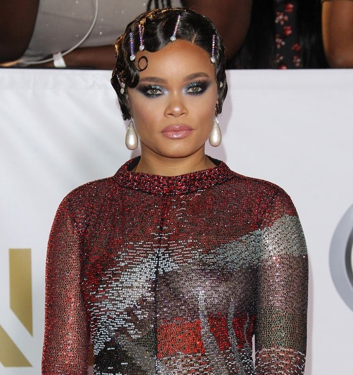 Andra Day in a Giorgio Armani Fall 2017 gown at the 2018 NAACP Image Awards at the Pasadena Civic Auditorium in Pasadena, California, on January 15, 2018