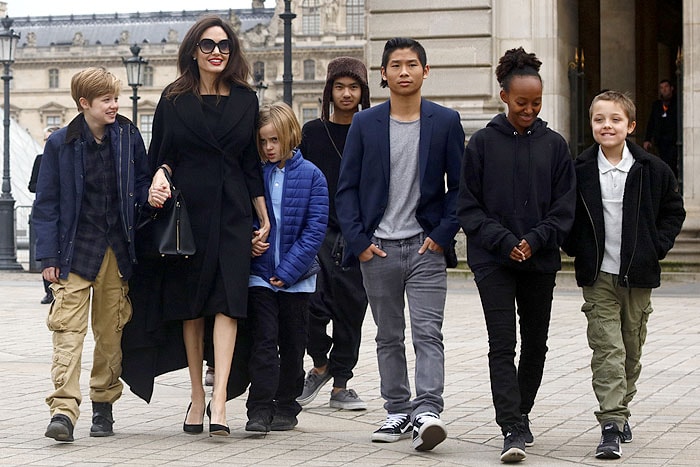 Angelina Jolie, with her children Shiloh, Vivienne Marcheline, Maddox, Pax Thien, Zahara Marley, and Knox Leon visit the Louvre in Paris