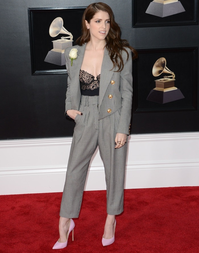 Anna Kendrick wearing a Balmain Pre-Fall 2018 plaid suit at the 2018 Grammy Awards held at Madison Square Garden in New York City on January 28, 2018