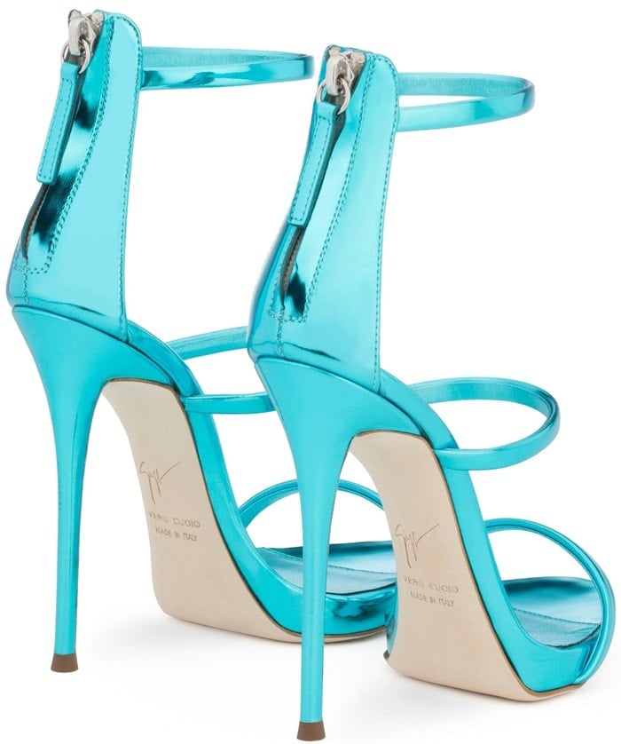 Blue patent leather sandal with three straps
