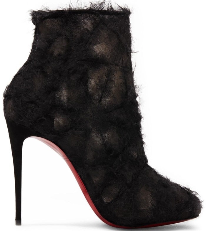 Christian Louboutin's Toubootfrou ankle boots are crafted of beige mesh layered with black shredded organza