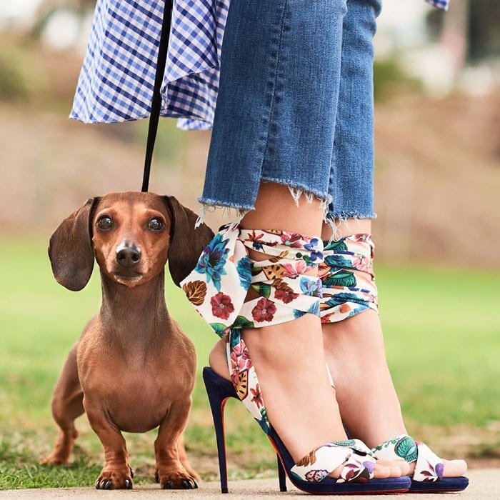 Christian Louboutin printed crepe satin sandal with suede trim