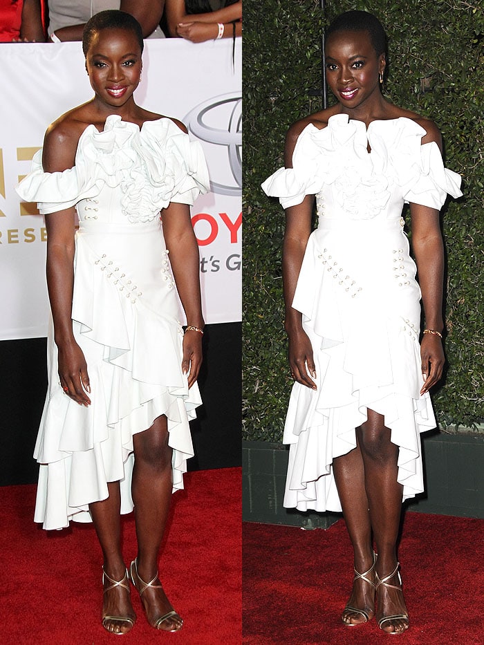 Danai Gurira stuns in a white Rodarte off-shoulder dress with ruffled details and asymmetrical hem, paired with elegant Jimmy Choo "Hesper" sandals at the 2018 NAACP Image Awards