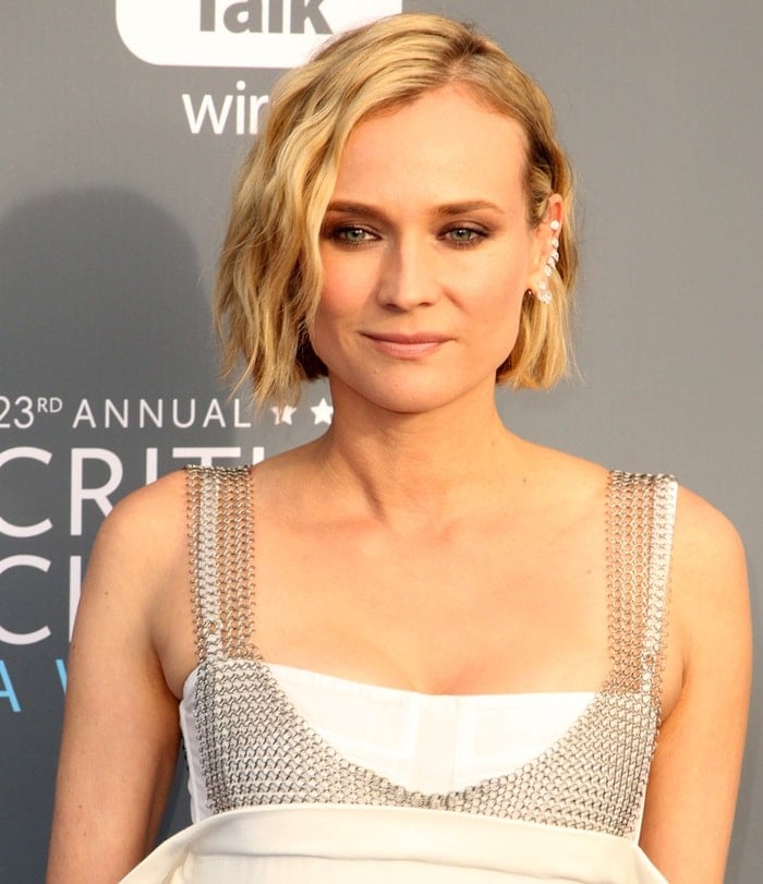 Diane Kruger wearing an ivory silk crepe gown from the Vera Wang Collection Spring 2018 at the 2018 Critics’ Choice Awards at The Barker Hangar in Santa Monica, California, on January 11, 2018
