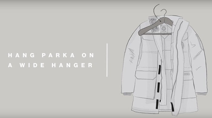Hang your Canada Goose jacket on a wide, padded hanger in a dry environment