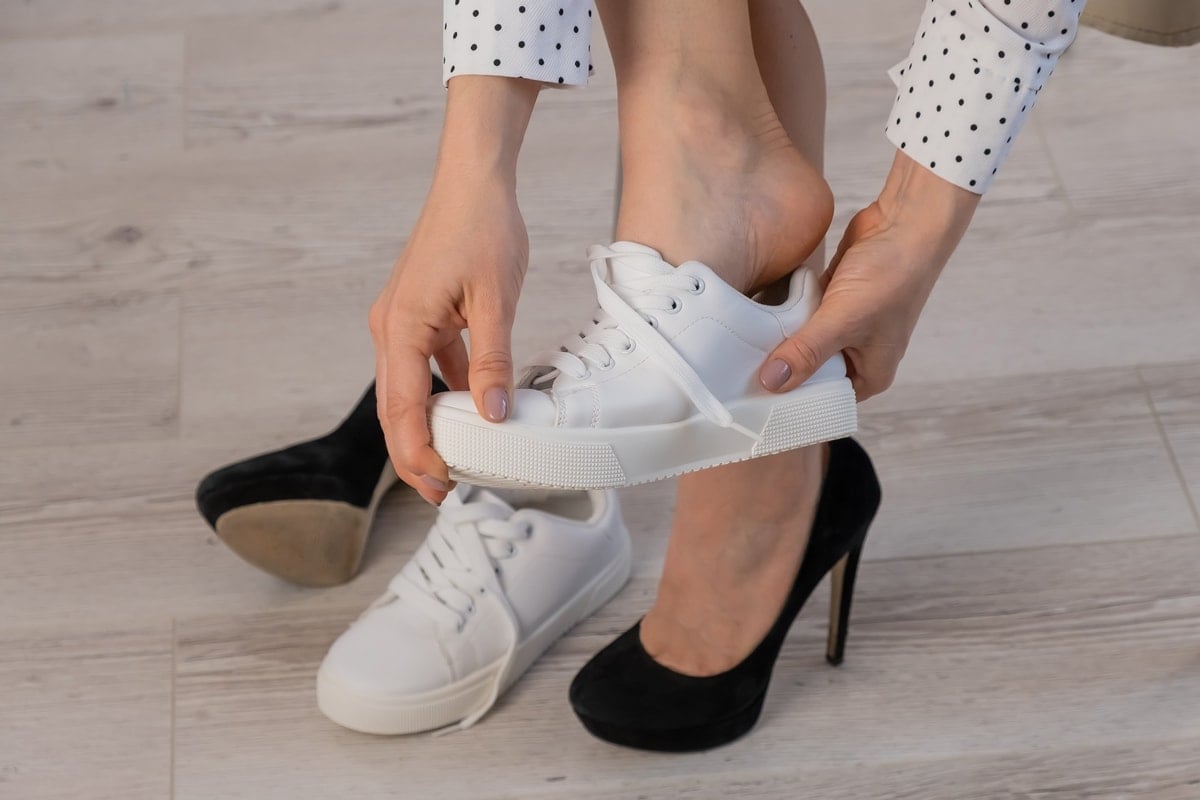 After a few hours in high heels, switching to a more comfortable pair of shoes can be good for your feet and body