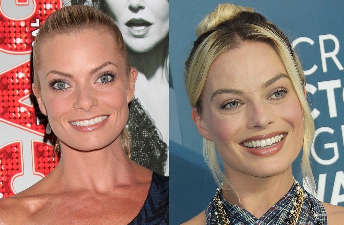 Jaime Pressly (L) and lookalike actress Margot Robbie (R) smiling