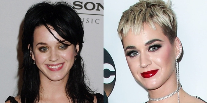 Katy Perry's face with little makeup in February 2006 (L) and with heavy makeup in January 2018 (R)