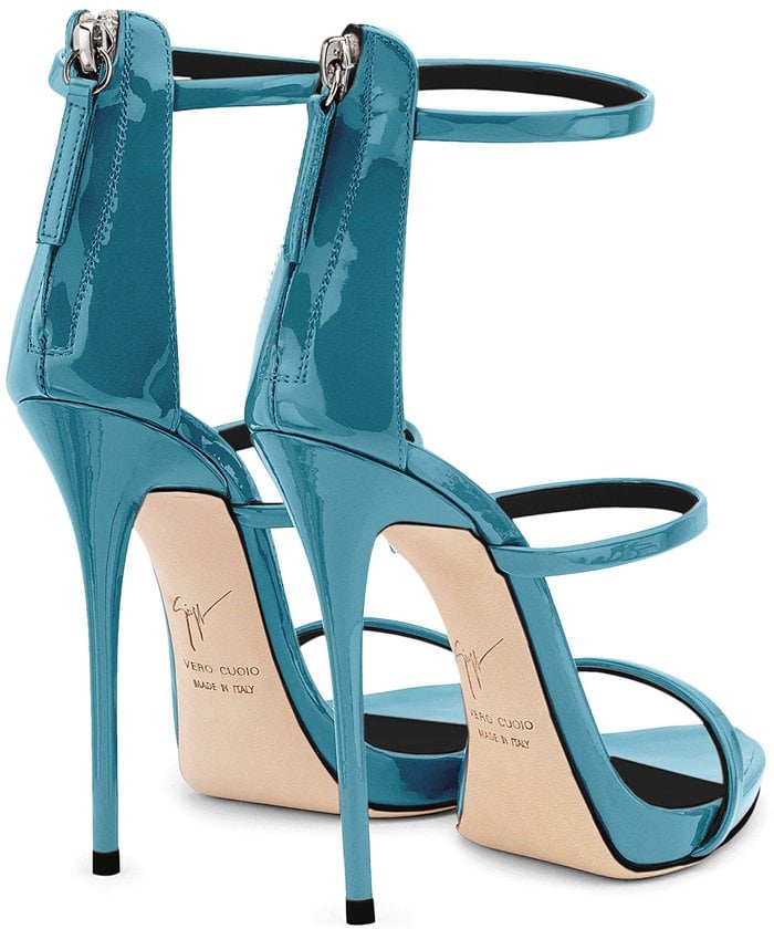 Mirrored blue patent sandal with three straps