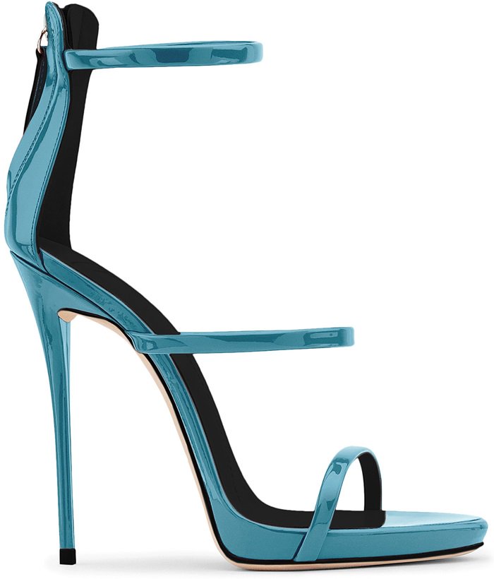 Mirrored blue patent sandal with three straps