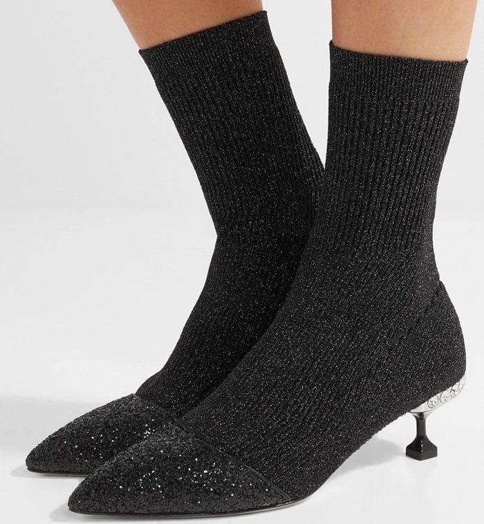 Miu Miu Glittered metallic ribbed-knit sock ankle boots