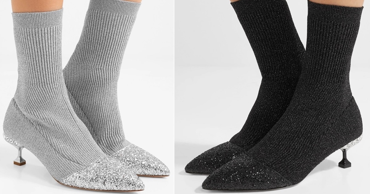 Glittering Rib Knit Sock Ankle Boots in Black and Silver