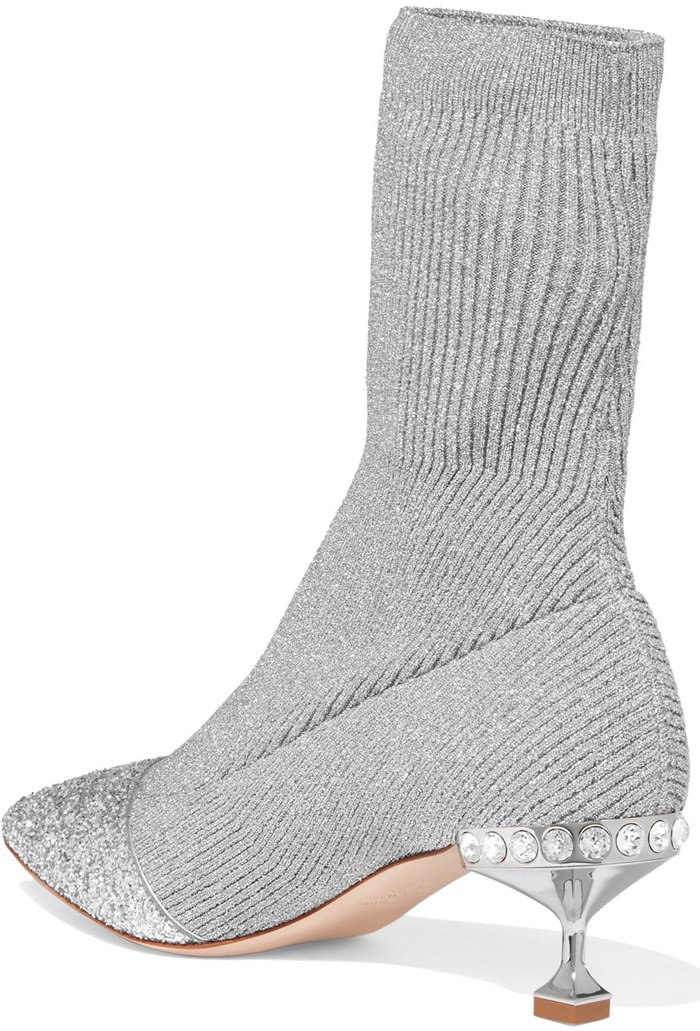 Miu Miu Glittered metallic ribbed-knit sock ankle boots