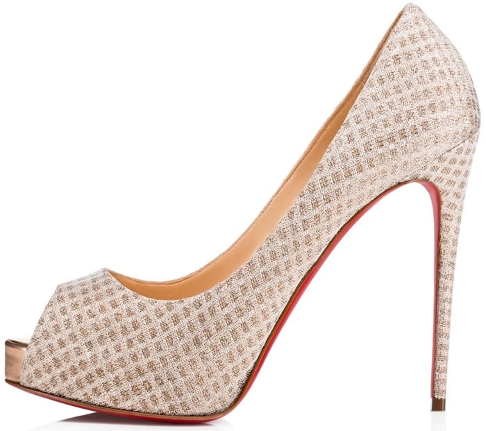 In a nearly full covering of this season's gold metallic mesh, the alluring "Very Rete" from Christian Louboutin epitomizes elegance