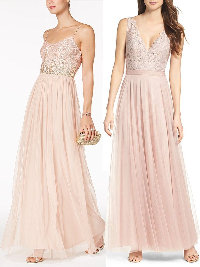 Adrianna Papell sequined-bodice tulle gown / Watters "Desiree" tulle dress