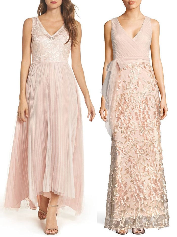 Adrianna Papell sequined pleated-tulle high-low gown in blush / Adrianna Papell petal-embellished tulle gown in blush