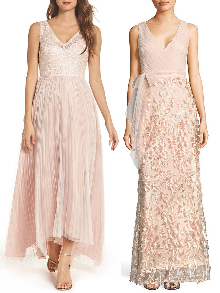 Adrianna Papell sequined pleated-tulle high-low gown in blush / Adrianna Papell petal-embellished tulle gown in blush