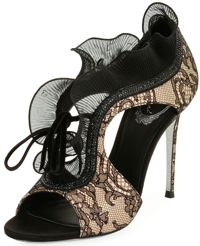 Rene Caovilla Lace Beaded Ruffle Sandal