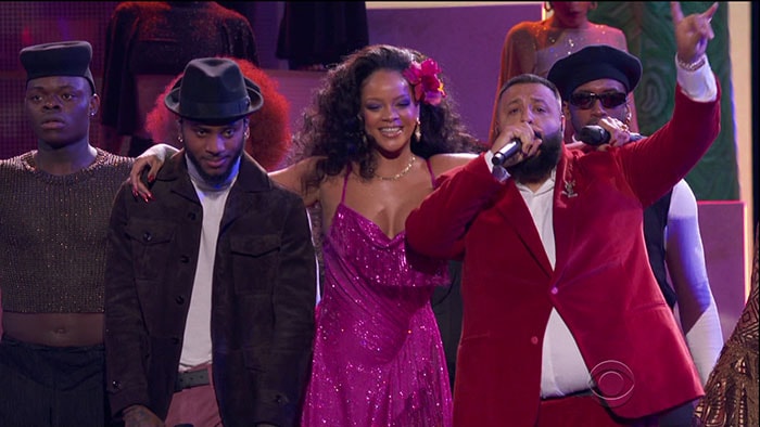 Rihanna, on stage with Bryson Tiller and DJ Khaled, performing her song "Wild Thoughts" at the 2018 Grammy Awards held at Madison Square Garden in New York City on January 28, 2017.