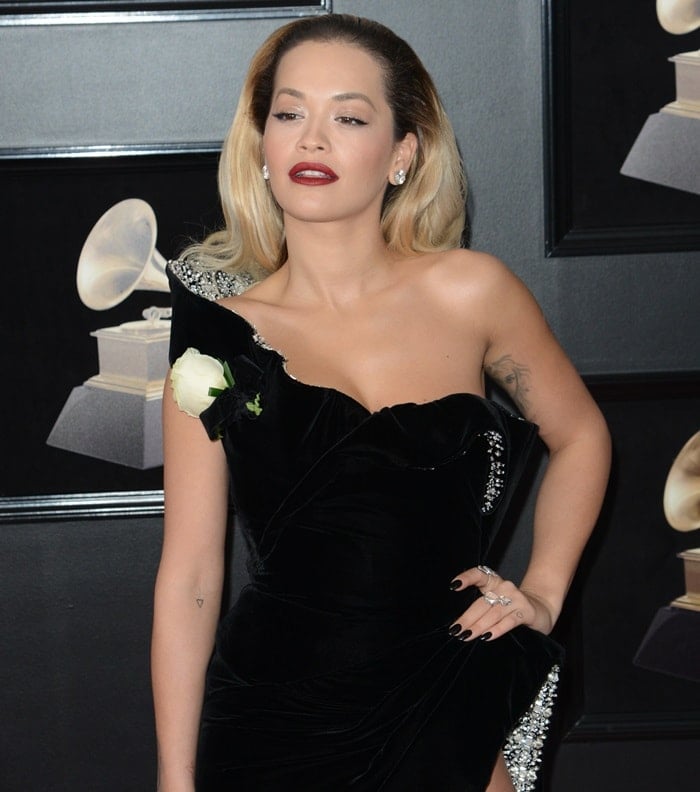 Rita Ora wearing a sultry black Ralph & Russo Spring 2018 Couture gown at the 2018 Grammy Awards held at Madison Square Garden in New York City on January 28, 2018