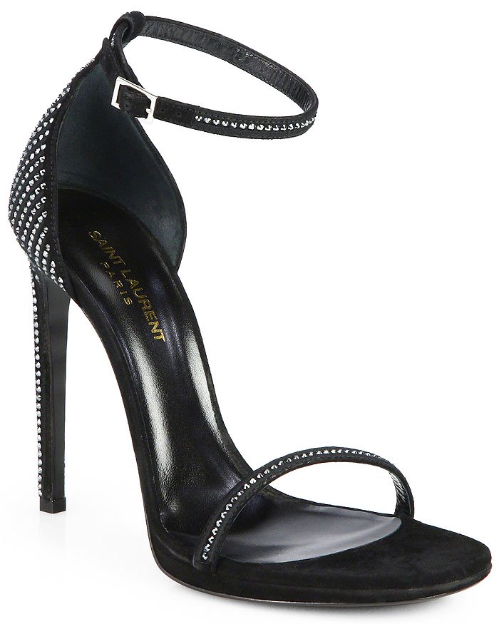 Saint Laurent "Jane" Crystal-Studded Suede Ankle-Strap Sandals