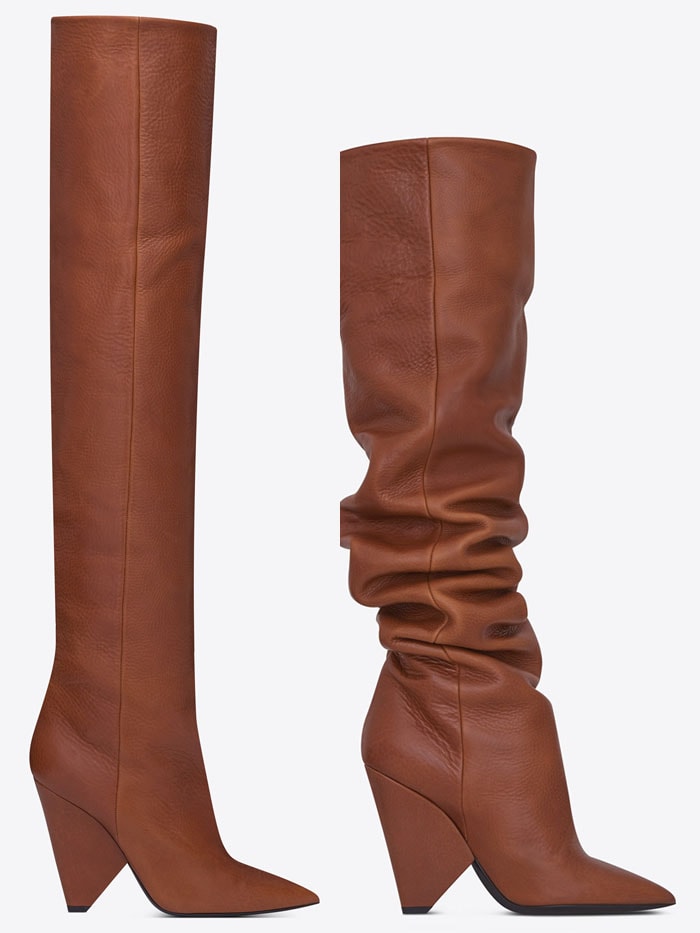 Chrissy Teigen's Tattered Denim Coat & Cognac Thigh-High Boots