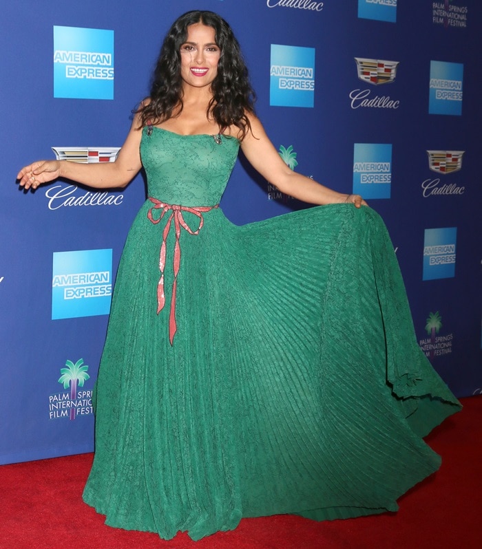 Salma Hayek wearing an alluring green Gucci lace gown at the 2018 Palm Springs International Film Festival Awards Gala on Tuesday in Palm Springs, California, on January 2, 2018