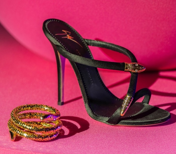 Black satin 'Aleesha' mule with snake detail